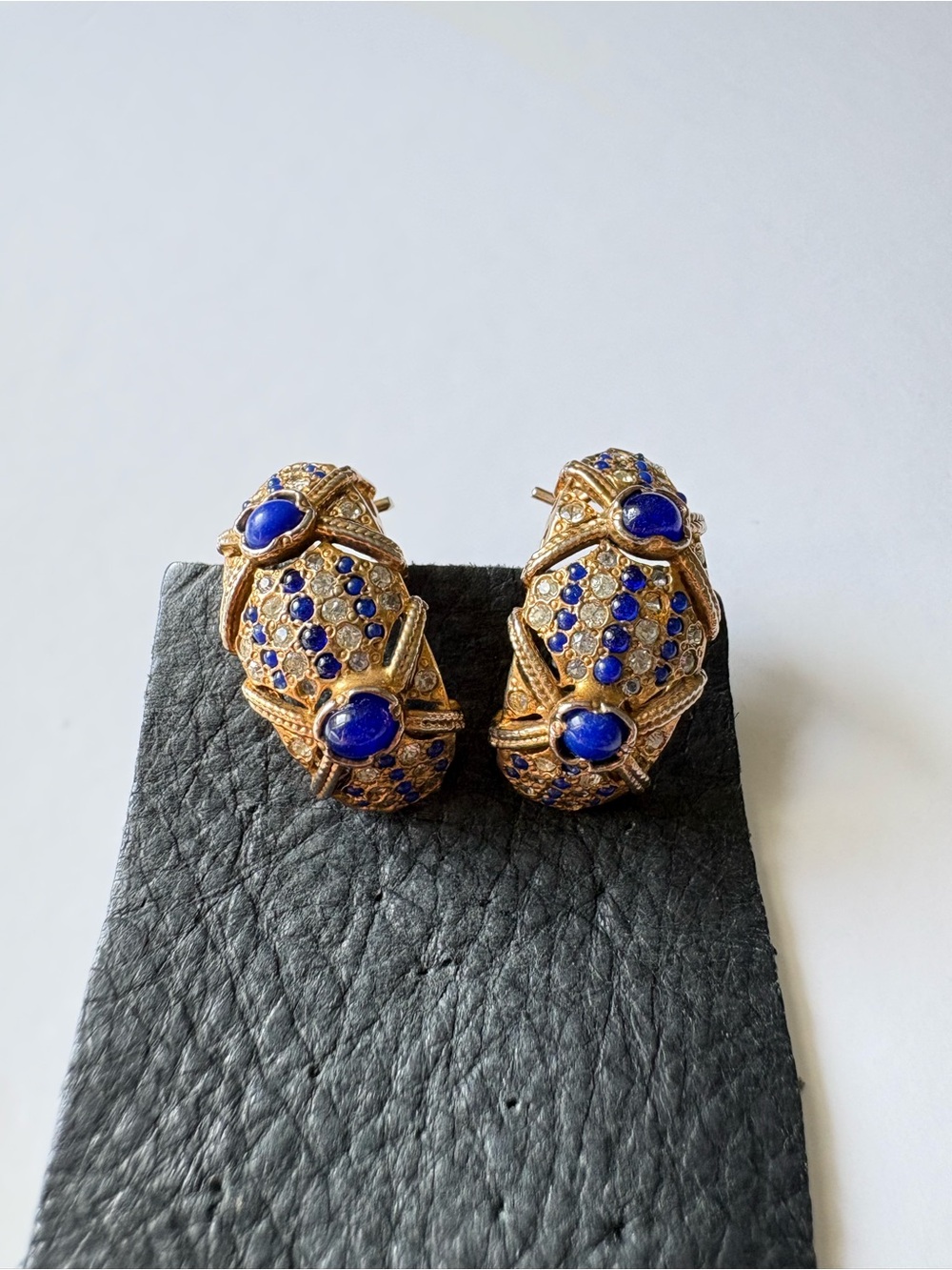 Vintage Gold Domed Sculptural Lapis Cabochon Rhinestone Diamond Stud Earrings - Picture 4 of 16